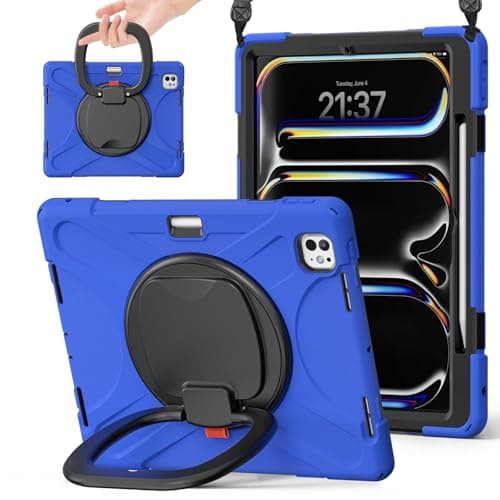 FONREST Rugged Case for iPad Pro 13-inch M4 (2024) A2925/A2926 with [Pencil Holder] 360° Rotating Hanging Ring [Handle] [Kickstand] [Shoulder Strap] Heavy Duty Shock-Proof Armor Cover (Blue)