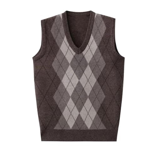 Men V Neck Argyle Knitted Sweater Vest Plaid Sleeveless Khaki L