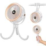Neliangia Stroller Fan Rechargeable with 360 Rotation & Digital Display, Baby Fan with 5 Speeds, Flexible Tripod & Ultra Quiet, Portable Fan for Car Seat, Crib, Travel, Cream White & Grey