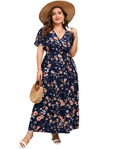 ShopWonder Womens Plus Size V Neck Wrap Maxi Dress High Waist Ruffle Summer Casual Dress with Belt Blue Plum Blossom 2XL