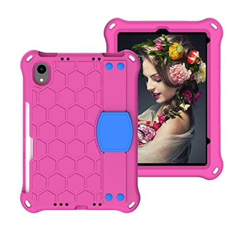 FortisShield for iPad mini 6 Shockproof Tablet EVA Cover with Shoulder Strap and Hand Strap Dropproof Stand Tablet Case(Rosered+Blue)