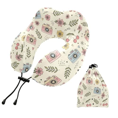 Cute Cameras Flowers Beige Pattern Travel Neck Pillow for Sleeping Airplane Memory Foam Neck Support Pillow with Storage Bag Sleeper Hold Pillow for Adults Kids Home Office Long Flight Car Train Bus