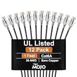 Tecmojo UL Listed Ultra-Slim Cat6a 1ft Ethernet Cable, 30AWG 100% Pure Copper, 10Gbps Network Cable for Router, Modem, Xbox, Laptop, Servers, 12-Pack, Black