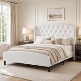 Decoholic Full Wingback Upholstered Platform Bed,Diamond Tuft 53.2" Tall Headboard Curved Footboard,Noise-Free Metal Slat Frame,No Box Spring Needed,Cream Velvet Fabric Bed Frame for Bedroom