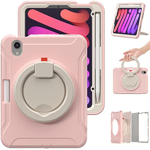 HUOLUNGJIN Heavy Duty Case for iPad mini (A17 Pro, 2024 Model, 7th Generation) / mini 6 (2021 Model, 6th Generation) with 360° Rotating Stand,Pencil Holder & Screen Protector (Pink)