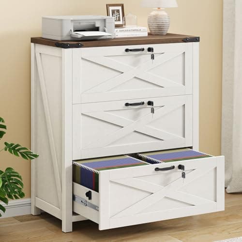 Halitaa File Cabinet with 3 Drawers, Lateral File Cabinet for Letter/Legal/A4 Size Hanging Files, Large Wood File Storage Cabinets Printer Stand for Home Office, Rustic White & Brown