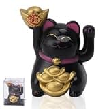 Jwthee 2in Lucky Cat Waving Arm Solar Powered, Feng Shui Lucky Cats Lucky Beckoning Waving Wealth Cat Solar Fortune Cat Statue Decorations for Decorating Front Desk Car Business Opening (Black)