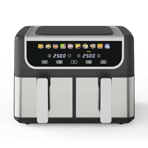 9.5 Quart Dual Basket Air Fryer, Large Air Fryer with Double Basket, Independent TEMP Control, Sync Setting, Shake Reminder, 10 Presets for Bake, Broil, Defrost, Dehydrate