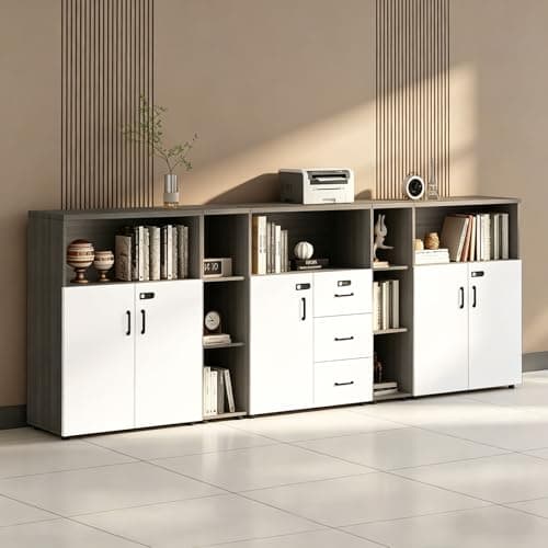 HSHBDDM File Cabinet with Password Lock, Wood Lateral Filing Cabinet for Letter/A4 Files, 3 Drawer with Door, Printer Stand with Open Shelves for Home Office