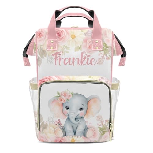 Zaaprint Insulated Diaper Bag Watercolor Pink Floral Elephant Tote Bags Daypacks Personalized Name Mommy Nursing Bags Gift for Teen Adults for Camping Picnic