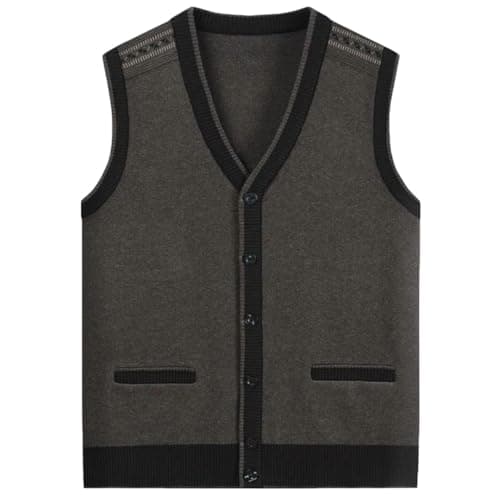 Men V Neck Knitted Sweater Vest Middle-Aged Loose Fit Sleeveless Pullover Waistcoat Khaki M