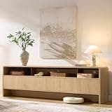AMERLIFE 70" Modern TV Stand for TVs Up to 80", Wood TV Console with Curved Profile Design & 2 Storage Cabinets, Media Console Entertainment Center for Living Room, Natural Oak