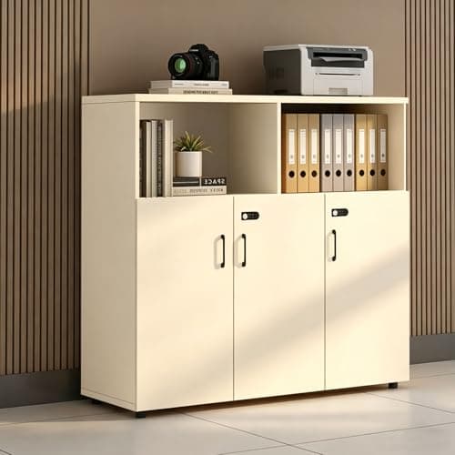 HSHBDDM File Cabinet with Password Lock, Wood Lateral Filing Cabinet for Letter/A4 Files, 3 Drawer with Door, Printer Stand with Open Shelves for Home Office