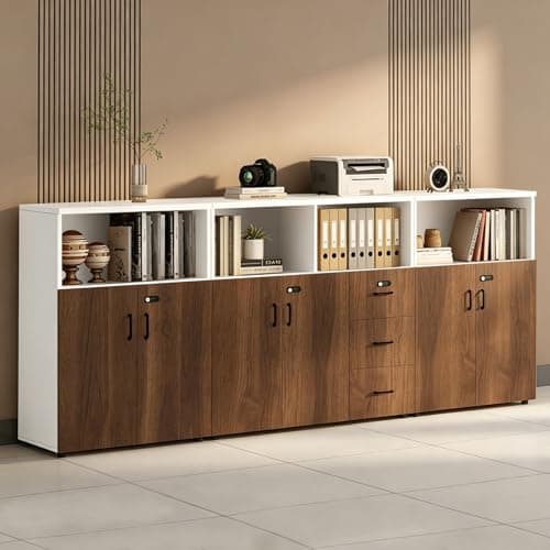 HSHBDDM File Cabinet with Password Lock, Wood Lateral Filing Cabinet for Letter/A4 Files, 3 Drawer with Door, Printer Stand with Open Shelves for Home Office