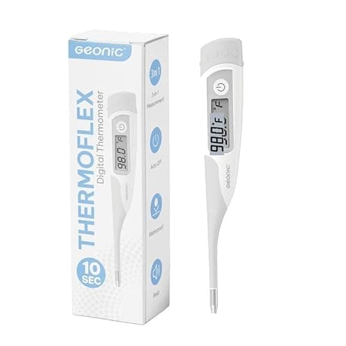 Geonic Flexible Tip Digital Thermometer for Adults & Kids, Fast 10-Second Reading, Waterproof, 3-in-1 Oral Rectal Underarm Use, Fever Alarm, White