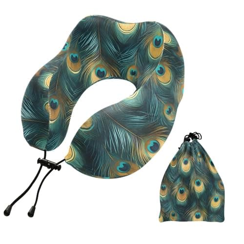 ZOEO Travel Pillow for Neck Head, Beautiful Peacock Feathers Green Memory Foam Padding Sleeping Airplane Trains Cars Camping Office