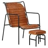 KTPRTOCK Vintage Style Real Leather Relaxing Armchair with Footrest, Brown Powder-Coated Iron Frame, Comfortable Sofa Chair for Home Decor