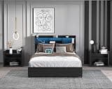 Full Bed Frame with 4 Storage Drawers Full Bed Frame with Headboard and Storage Shelf, Storage Bed with Led and Charging Station, No Noise,No Box Springs Needed,Black