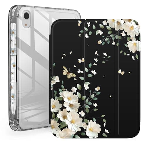 Pelindrons Shockproof Black iPad mini 6th/7th Gen Case 8.3 Inch A17 Pro, 3-Fold Flip Cover with Pencil Holder, Auto Wake/Sleep, Clear Back, Elegant White Floral & Butterfly Print for Women Girls