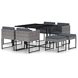 Makastle 9 Piece Patio Dining Set with Cushions, Gray, 42.9" x 42.9" x 28.3", PE Rattan and Tempered Glass, Rectangular, Assembly Required