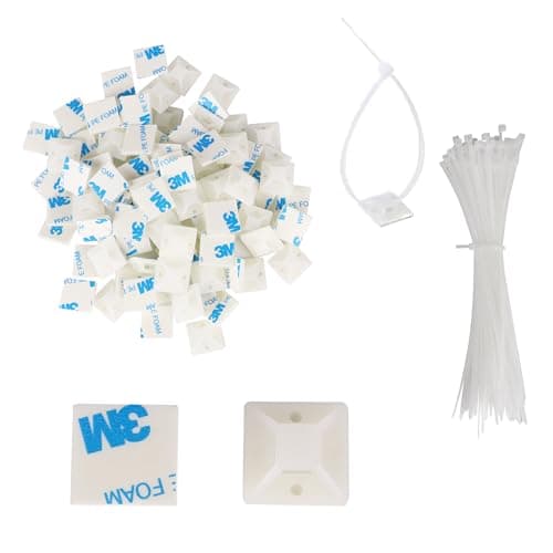 GIASYIEH 100-Pack Self-Adhesive Cable Zip Tie Mounts Kit with 6" White Zip Ties, 3/4" 3M Back-Glue Zip Tie Adhesive Mounts Cable Management Clips for Indoor/Outdoor Use