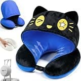 RIBOTS Airplane Travel Neck Pillow with Hood- Memory Foam Neck Support Privacy and Comfort Sleeping on Long Flights & Road Trips - Removable Cooling Reversible with EVA Case for Adults & Teens