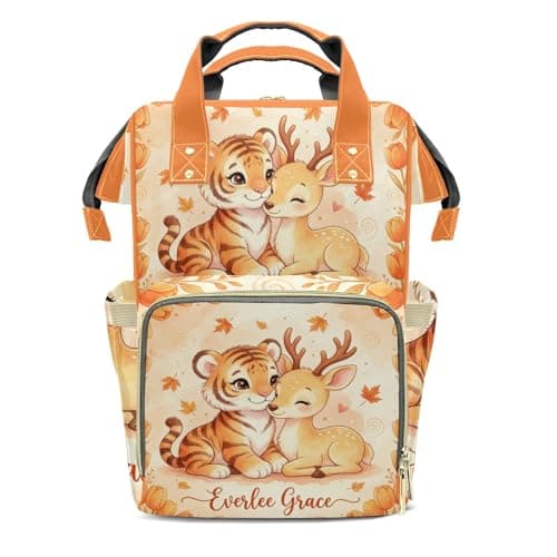YallLocoMo Personalized Diaper Bag Backpack Name Watercolor Autumn Forest Tiger Deer Multifunction Travel Backpack Nappy Bag Daypack for Mom Dad Boy Girl