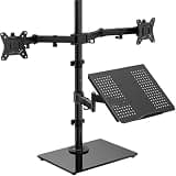 HUANUO Dual Monitor Stand with Laptop Desk Mount, Freestanding Glass Base