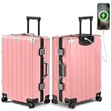 Krute Checked Aluminum Frame Suitcase 24 Inch Zipperless Luggages Hardside PC Luggage With Spinner Wheels TSA Lock USB Charger Suitcases(1 Piece)