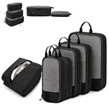 6-Piece Expandable Space-Saving Packing Cubes, Expandable Space-Saving Cubes for Travel, Compression Luggage Organizer Bags with Shoe Bag and Laundry Pouch for Suitcase, Carry-On, Cruise (Black)