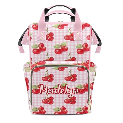 XOZOTY Insulated Diaper Bag Plaid Cherry Pattern Tote Bags Daypacks Custom Name Mommy Nursing Bags Giving for Teen Adults for Picnic Camping