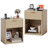 Fluted Nightstand Set of 2, Wooden Night Stand with Charging Station, Modern Mid Century Bedside End Table with Drawer, 19.6" W x 15.3" D x 24.2" H, for Bedroom, Oak