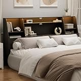 AYEASY King Headboard with Storage, Wood Bookcase Headboard with Charging Station & 2 LED Lights, Modern King Bookshelf Head Board with Shelves, Noise-Free, Sturdy and Durable, Black