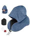 BAIKEA Travel Neck Pillow with Hood Memory Foam Sleeping Airplane Pillows Long Flight Neck Support Plane Essentials Blue