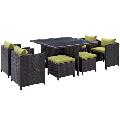 Oakestry Inverse 9 Piece Outdoor Patio Dining Set with Peridot Cushions and Wicker Seating