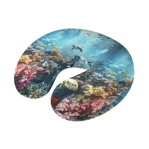 Yaiikkvbaa Underwater Animals Neck Pillow Memory Foam U Shaped Travel Pillow, Turtle Shark Coral Coastal Fish Neck Support Pillows Decorative Headrest Cushion for Airplane Sleeping Car Office