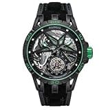 OBLVLO Luxury Men's Automatic Watch, Full Black PVD, Big Green Machinery Skeleton Dial, 50m Waterproof Military Watches