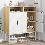 Garvee Shoe Cabinet, White & Natural Wood, 43.31 Inch, 4 Doors