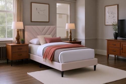 Twin Size Adjustable Headboard - Light Pink Velvet Middle Support Legs Bed Frame 42.5" x 78.9"
