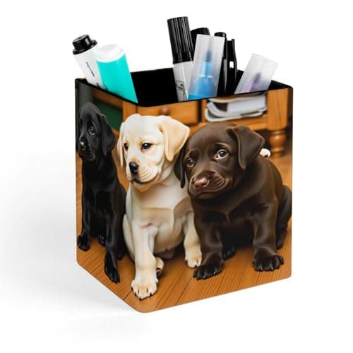 SUDZZLPY Cute Labrador Dog Pencil Holder, Makeup Brush Holder, Desktop Organizer Leather Pen Storage Home Decor for Desk Bathroom Office