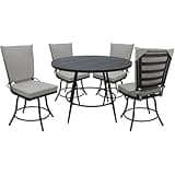 Pemberly Row 5-Piece Outdoor/Indoor Patio Dining Set, Aluminum Powder-Coated Frame, White and Gray Fabric, Removable Machine Washable Cushions, 42 in Round Table, 360-Degree Swivel Chairs, Garden or