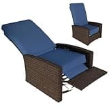 Calivox Wicker Recliner Chair, Outdoor Patio Swivel Recliner with Lifting Footrest, 360° Rotating Base, Water-Resistant Cushions for Porch Backyard Garden, Dark Blue