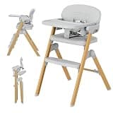 Baby High Chair for Babies Toddlers, Foldable Portable Highchair, Toddler Feeding Seat, Easy Clean Waterproof Cushion, Removable Tray, Adjustable Footrest, Light Gray Wood Grain Legs