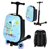 MOMOKOVA Detachable 4-in-1 Scooter Luggage for Kids, Foldable Hardside Ride-On Scooter Suitcase with Dinosaur Design & LED Wheels, Lightweight Travel Bag for All Ages (Blue)