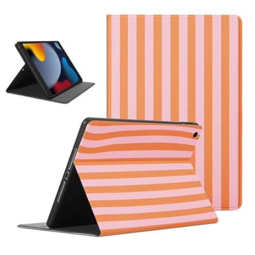 Mrtponk Cute Orange Pink Striped Tablet Case for iPad mini 7 A17 Pro 2024 8.3", Geometric Vertical Line Stripes Pattern Cover Slim Lightweight Trifold Stand with Soft TPU Back Cover for Girl Boy