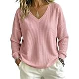 Waffle Knit Blouse for Woemn Long Sleeve V Neck Drop Shoulder Sweatshirt Soft Comfy Causal Fall Winter Pullover Top Pink