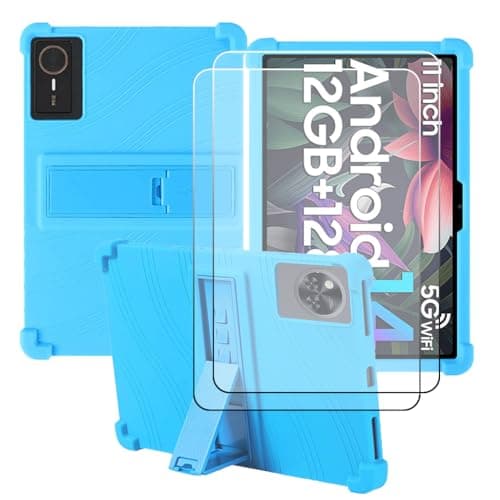 CongJiaLingXi Compatible for VekfulPC T60 Pro 13.4 Inch Tablet Case + 2 Pcs Screen Protector Tempered Glass Film, Soft Silicone Full Coverage Adjustable Stand Protective Tablet Cover, Baby Blue