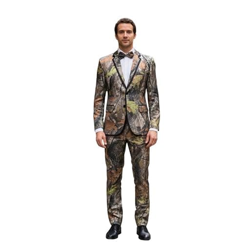 HBDesign Mens 2 Piece 2 Button Flat Collar with Black Trim Camouflage Suit (Jacket+Pants+Bowtie)