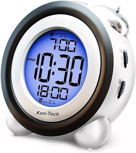 Synvexor Twin Bell Digital Alarm Clock - Very Loud Alarm Clock for Heavy Sleepers and The Hearing Impaired. Battery Operated Dual Alarm Blue Backlight. White