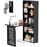 Armocity Small Folding Desk with Outlets, Convertible Writing Desk for Small Spaces/Home Office/Craft Room, Multi-Function Desk Workstation with Blackboard, Fold-Out Cabinet Table, Black